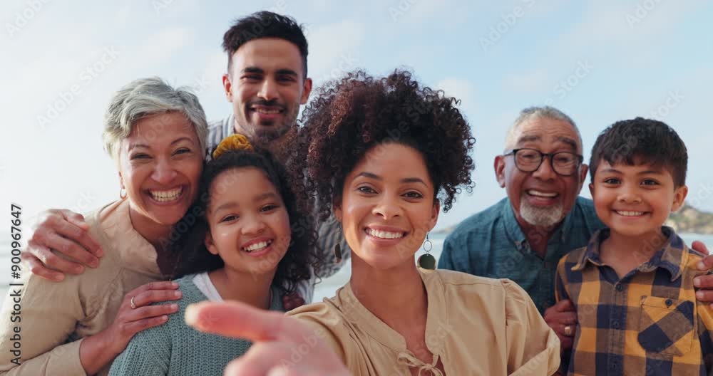 Canvas Prints Big family selfie, face or happy kids in beach, sea or ocean on holiday vacation together to relax. Mom, dad or children taking pictures with love in a fun photo memory with grandma or grandfather