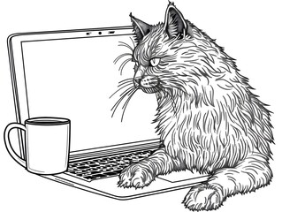 Furry Cat Sitting on Laptop Next to Coffee Mug: Adorable Feline Technology Takeover with a Fluffy Cat and a Hot Beverage