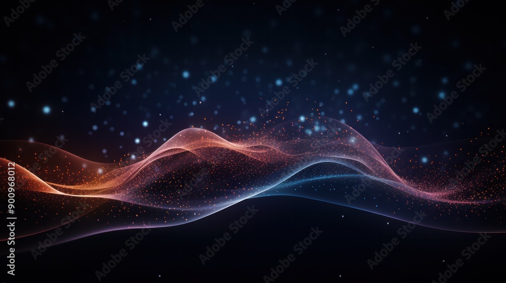 Poster abstract futuristic background featuring a dynamic wave of interconnected dots and lines, creating a