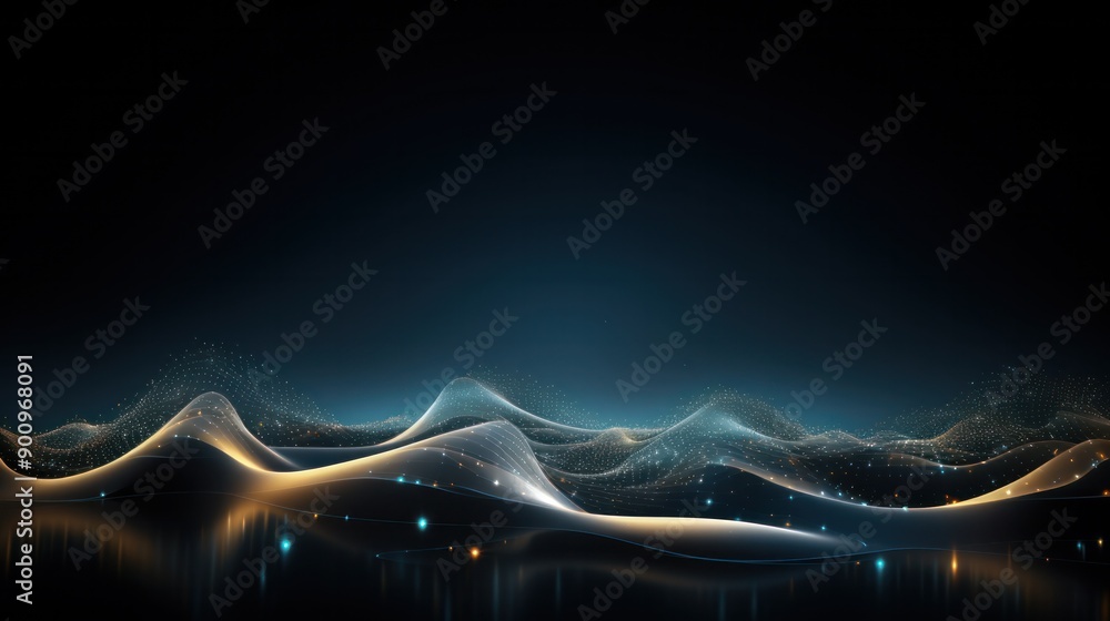Poster abstract futuristic background featuring a dynamic wave of interconnected dots and lines, creating a