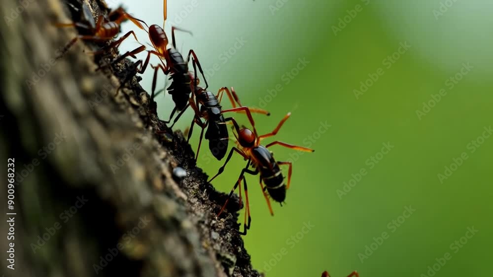 Poster Black Ants Crawling Along Tree Trunk Crack With Blurred Green Background in Macro Close-Up Generative AI