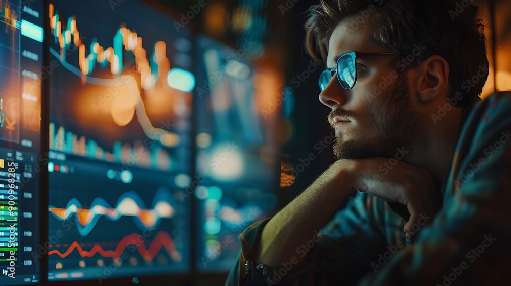 Poster man in glasses contemplating data on multiple monitors