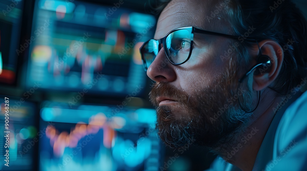 Poster concentrated trader analyzing financial data