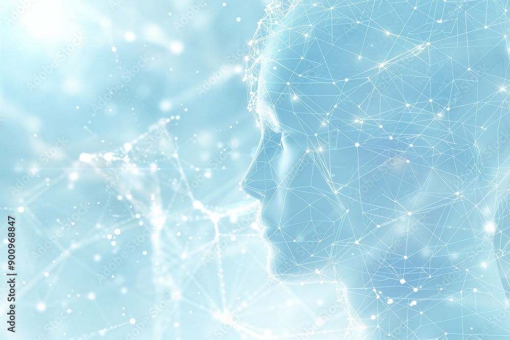 Poster abstract digital rendering of a head with neural connections symbolizing cognitive processes and tec
