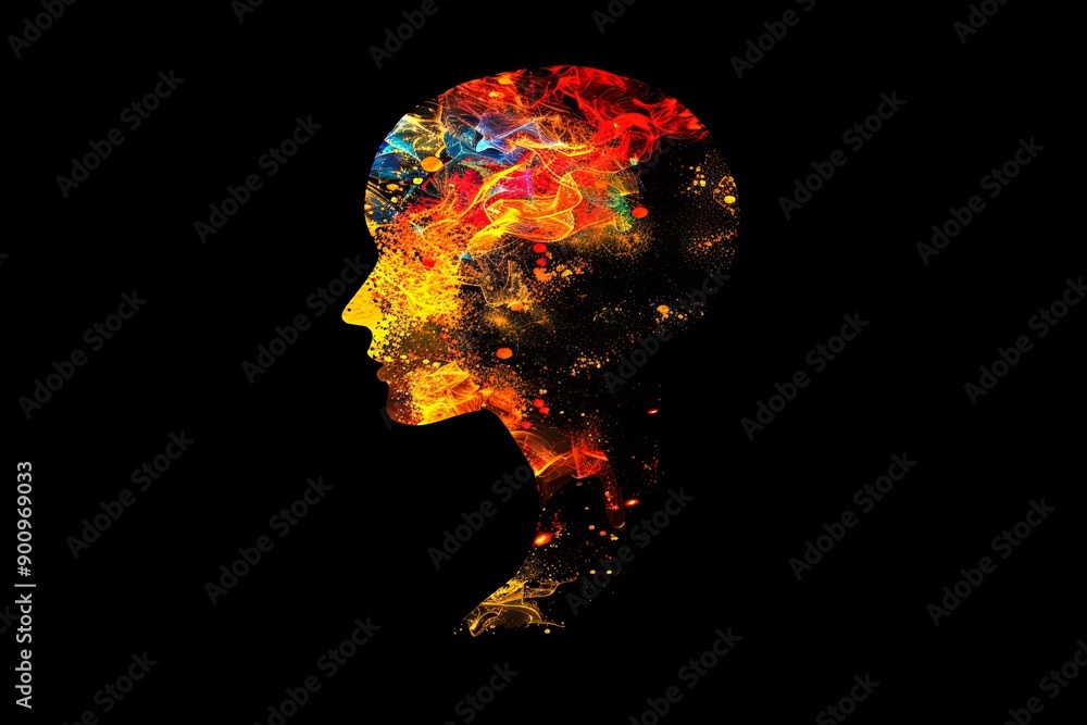 Poster abstract digital portrait of a head with vibrant splashes symbolizing creativity and thought process