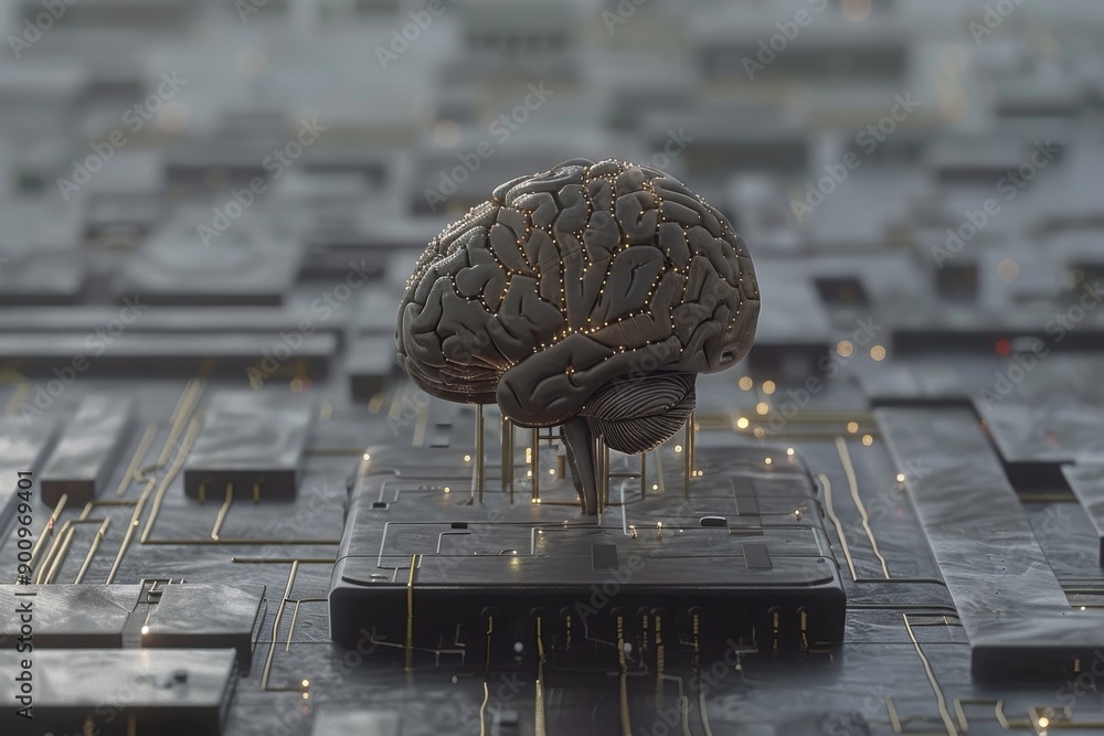 Poster digital rendering of a brain on a microchip symbolizing technology and cognitive processes in a futu