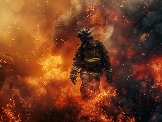 Fototapeta premium Firefighter Battles Intense Blaze, a Hero in Action