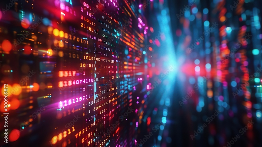 Poster digital spectrum: a vibrant vortex of glowing data streams through a futuristic digital tunnel, puls