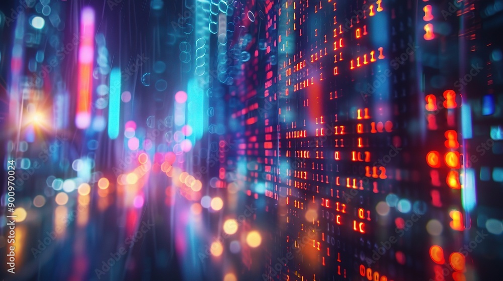 Poster neon data stream: a futuristic cityscape pulses with vibrant energy, its buildings transformed into 
