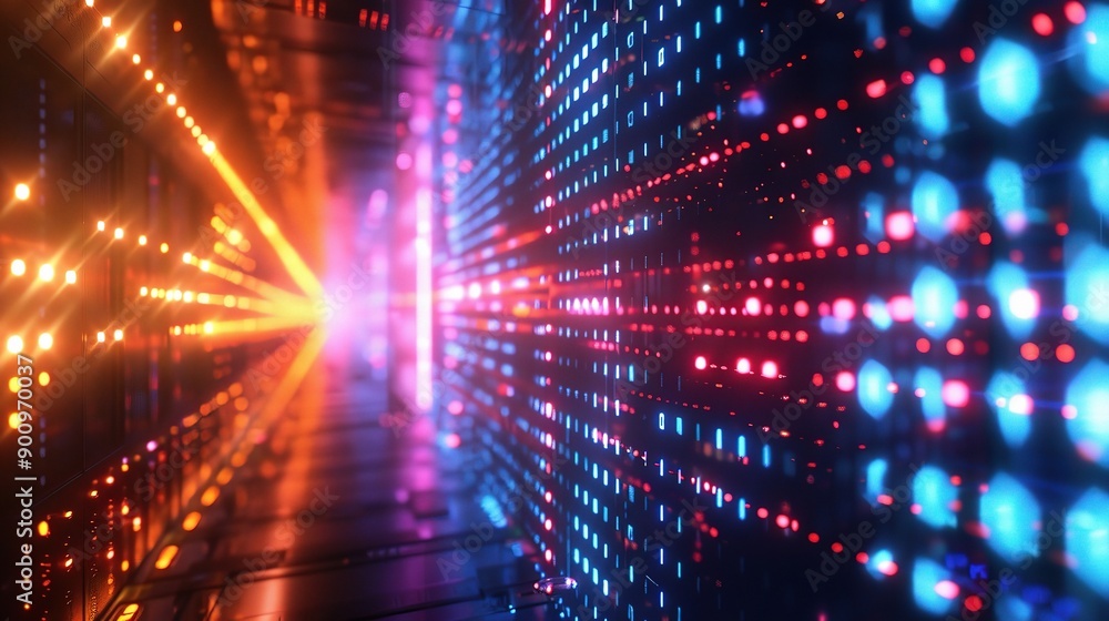 Poster neon dreamscape: a mesmerizing digital art piece featuring a glowing tunnel of vibrant neon lights, 