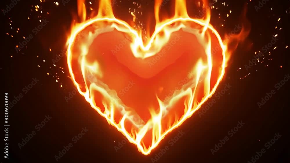 Poster Burning Heart Shape Animation With Sparks in a Dark Background Generative AI