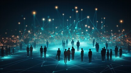 A digital illustration of a network of interconnected people represented by glowing dots and lines, 