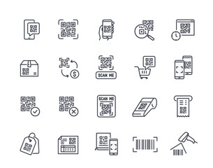 Set of QR Code Line icons. Signs with scanning qr code for payment, barcode on parcel or receipt. Editable stroke. Outline vector illustration collection isolated on white background