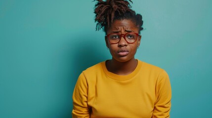 Obraz premium studio photo of african female model, wearing glasses and yellow clothes