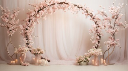 A soft, white backdrop featuring a collection of light pink blossoms, with two shimmering gold wedding rings elegantly placed among them, creating a romantic and serene scene