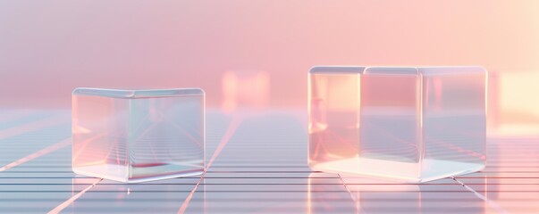 Obraz premium Abstract transparent cubes on soft pastel background, ideal for modern art, design, and technology themes.