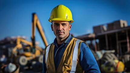 Fototapeta premium Close-up of an engineer wearing a blue shirt and a safety vest, holding a yellow hard hat in one hand while standing on a construction site 