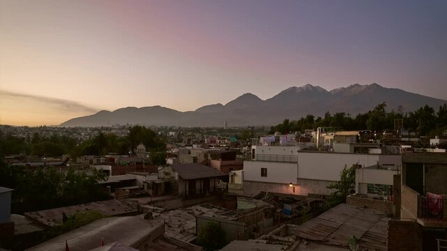 Sunset of Chachani volcano, viewed from the San Lazaro neighborhood, showing a beautiful sky