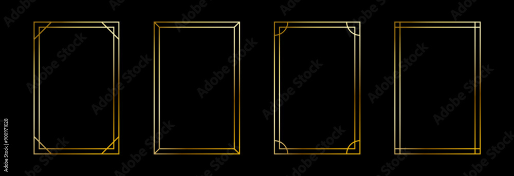 Poster Thin golden frame set. Gold rectangle border collection in art deco style. Thin linear shining rectangular shape bundle. Brass glowing shiny boarder element pack for photo, cadre, poster, card. Vector