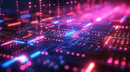 Obraz premium Neon Data Streams: A mesmerizing 3D render of a futuristic cityscape, illuminated by vibrant streaks of data, symbolizing the flow of information in the digital age. 