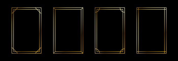 Thin golden frame set. Gold rectangle border collection in art deco style. Thin linear shining rectangular shape bundle. Brass glowing shiny boarder element pack for photo, cadre, poster, card. Vector