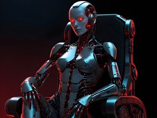 an ultra-realistic body image of a robot woman. Red eyes. She's sitting on a big cybernetic throne, she's the queen of the cyborgs. Red details. Dark cyberpunk mechanical detail. Generative AI