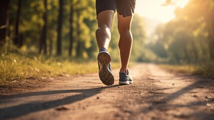 Focused shot of a jogger's lower body as they run on a gravel trail, highlighting the movement of their legs and shoes. 
