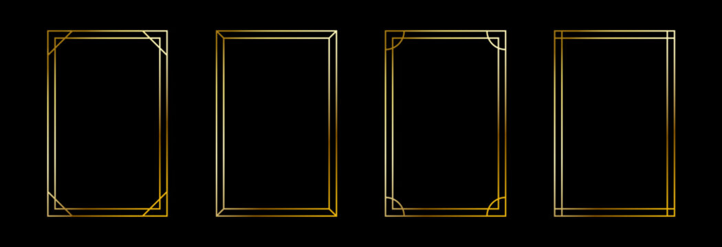 Thin golden frame set. Gold rectangle border collection in art deco style. Thin linear shining rectangular shape bundle. Brass glowing shiny boarder element pack for photo, cadre, poster, card. Vector
