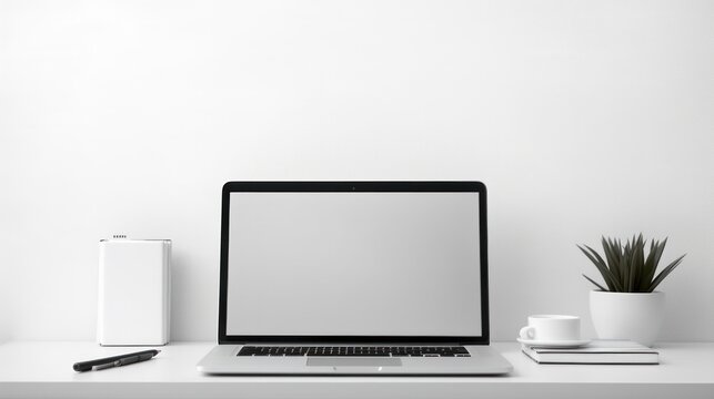 Front view of a laptop on a white desk in a stylish, modern office. Beside the laptop, there is a small stack of document papers and a sleek pencil holder holding several pens and pencils. 