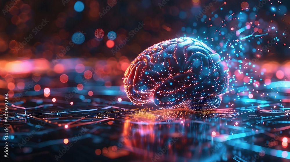 Aufkleber digital brain: a mesmerizing 3d rendering of a human brain glowing with abstract, futuristic energy.