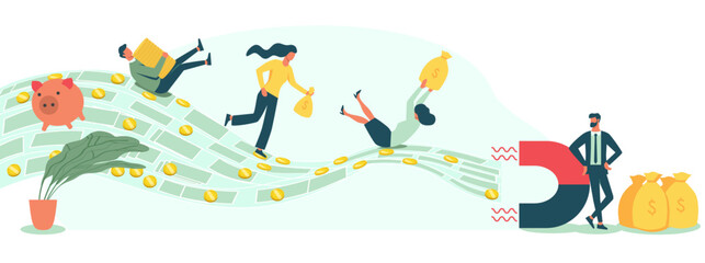Money magnet. Male entrepreneur attracts new opportunities for business growth and increased profits. Financial success and wealth. Salary raise. Flat vector illustration isolated on white background