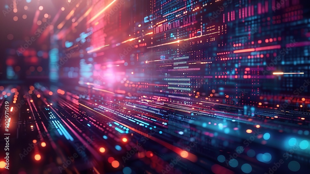 Poster digital data stream: a mesmerizing abstract digital landscape, pulsating with neon lights and vibran