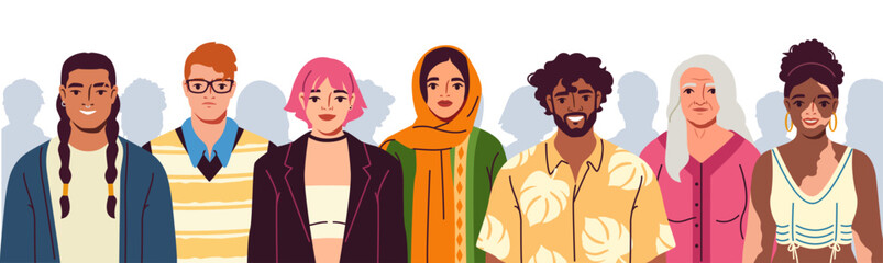 Diverse multicultural people group. Banner with crowd of characters of different races, generations and genders. Multiracial men and women. Flat vector illustration isolated on white background