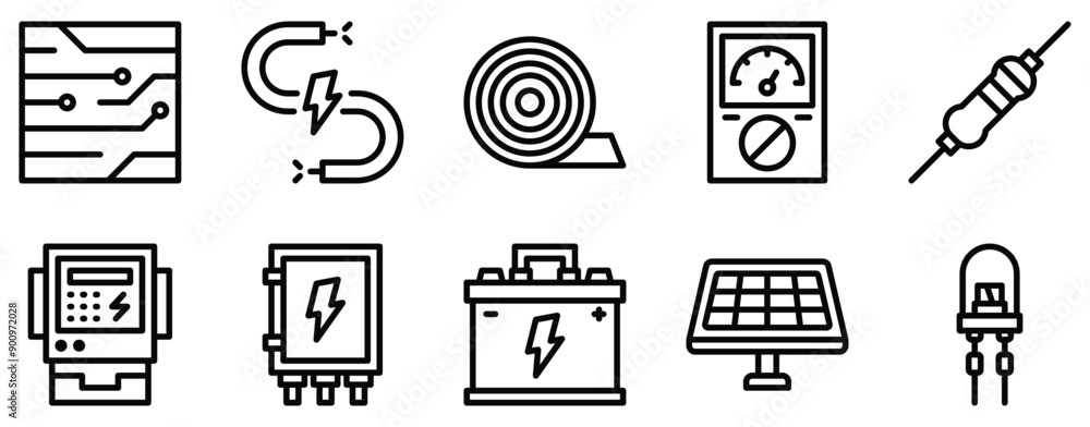 Poster electrician tools and elements icon set precise line style collection for electrical work