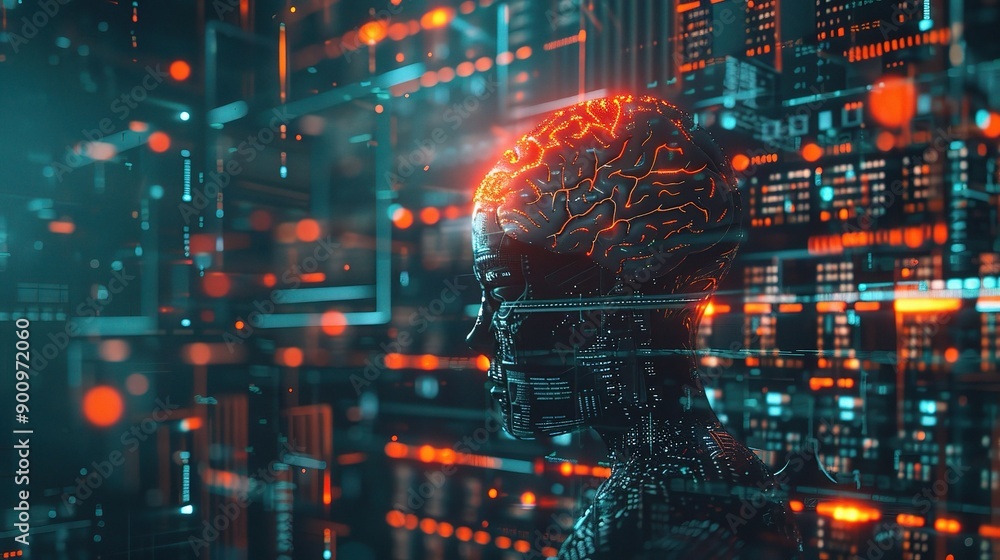 Poster digital consciousness: a futuristic humanoid figure with a glowing brain, surrounded by intricate da