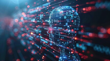 Obraz premium Digital Mind: A mesmerizing abstract portrait of a human head rendered in glowing digital code, symbolizing the future of artificial intelligence and the convergence of technology and consciousness. 