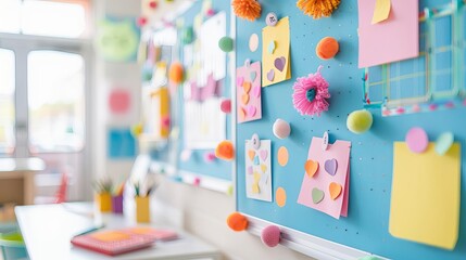 Cheerful bulletin board with student achievements and artwork, colorful and celebratory, back to school, recognition and motivation