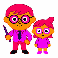 A kid wearing glasses and school clothes with pen, determined teacher vector art illustration. isolated on a white background