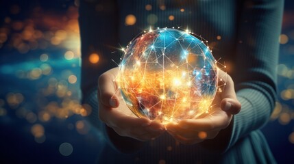 Obraz premium A close-up of a woman's hand holding a glowing, interconnected globe representing a global network connection. The background is a blurred digital landscape with various technological icons 