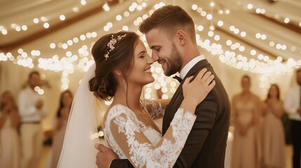 First Dance Under the Stars: A newlywed couple shares a romantic moment during their first dance, illuminated by the warm glow of fairy lights