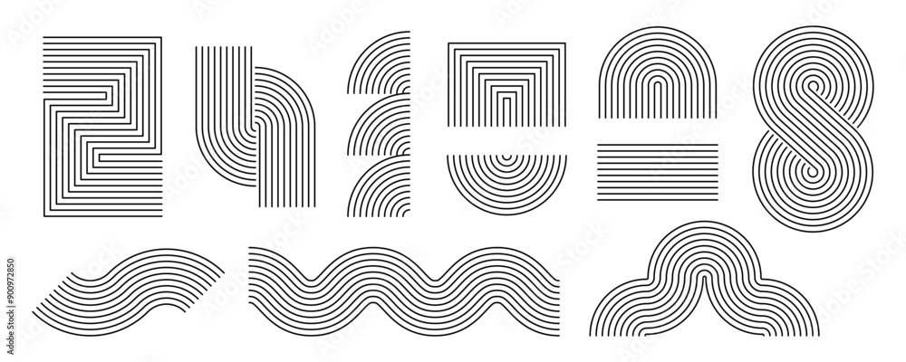 Poster black linear boho style geometric shape set. mid century curves, waves and arches collection. decora