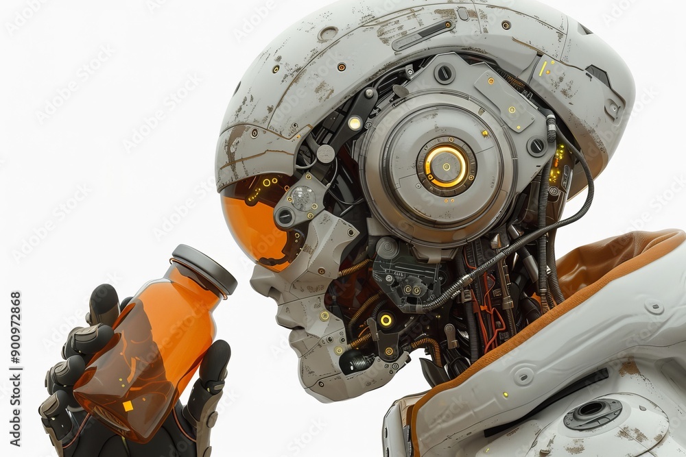 Poster digital portrait of a humanoid robot holding a drink symbolizing robotics and technology in a playfu