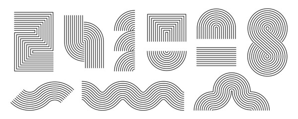 Black linear boho style geometric shape set. Mid century curves, waves and arches collection. Decorative line elements for graphic design template, poster, banner, cover. Vector wavy zigzag objects