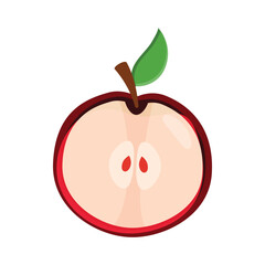 Red apple slice with green leaves on a white background.