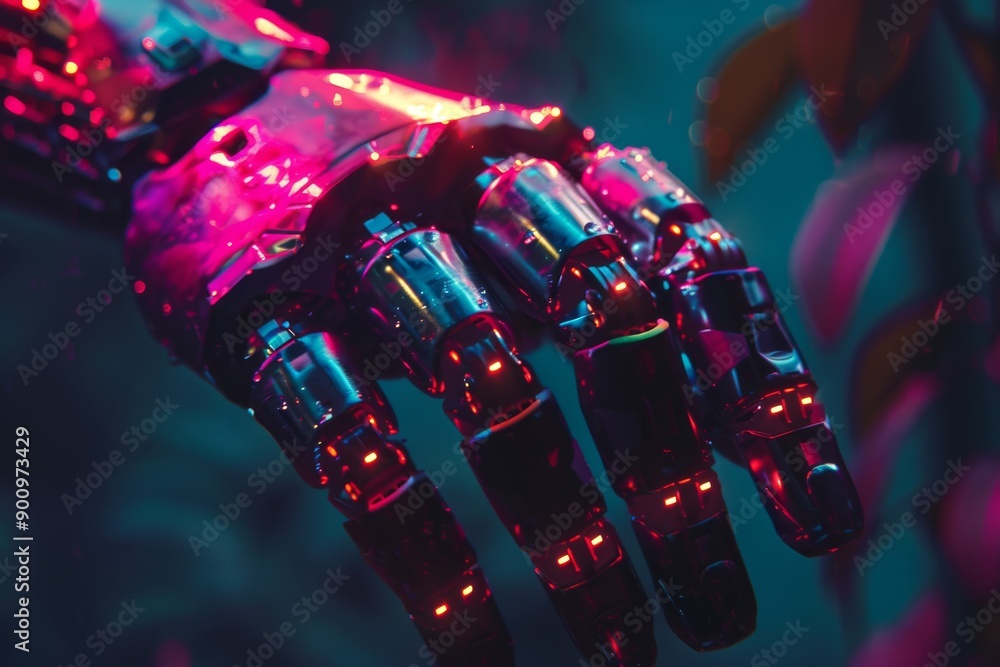 Poster digital rendering of a robotic hand symbolizing advanced technology and robotics in a high tech and 