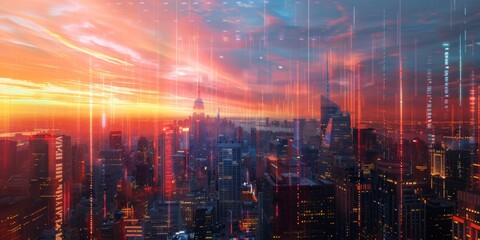 Fototapeta premium Digital Network Skyline with Futuristic Cityscape at Sunset, generative ai