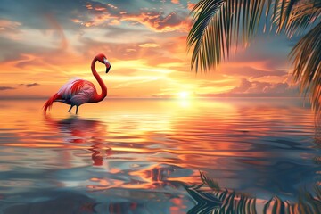 Fototapeta premium A single flamingo standing in shallow water at sunset with a palm tree in the background