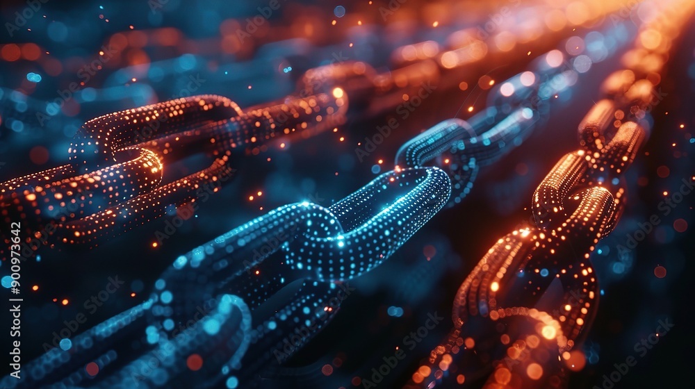 Poster digital chain reaction: a vibrant 3d render of a blockchain, glowing links interlocked, symbolizing 