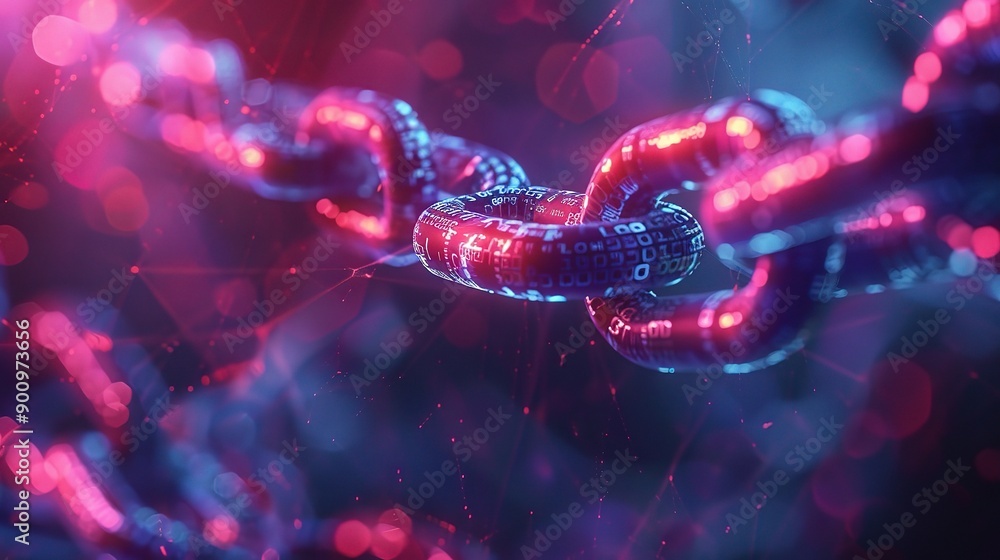 Poster cybernetic chains of data: a vibrant, neon-lit chain link glows with digital energy, symbolizing the