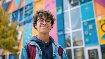 Confident Teenager in Front of Colorful Building: A young man stands confidently in front of a vibrant, abstractly designed building, showcasing his youthful energy and individuality. His smile and po
